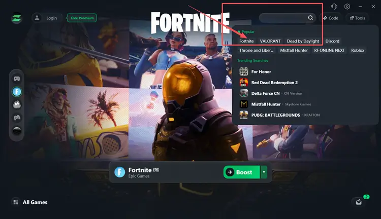 Search for Fortnite in LagZapper to optimize connection