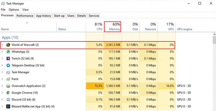 Check World of Warcraft memory usage in Task Manager