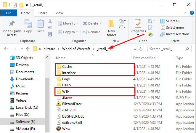 Rename WoW Cache Interface and WTF folders in the _retail_ folder