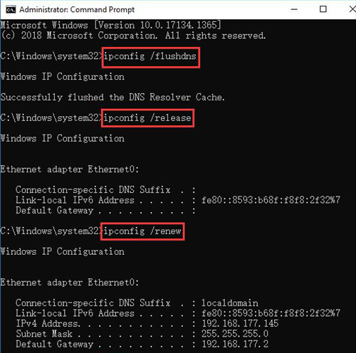 Run ipconfig flushdns, release, and renew in Command Prompt