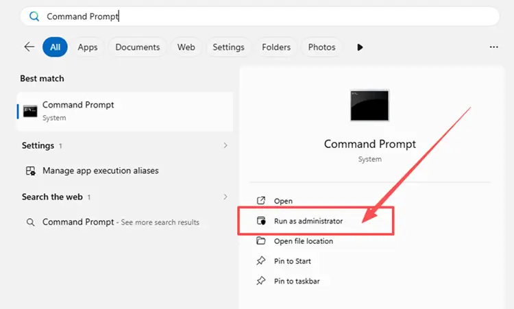 Search for Command Prompt and run it as administrator