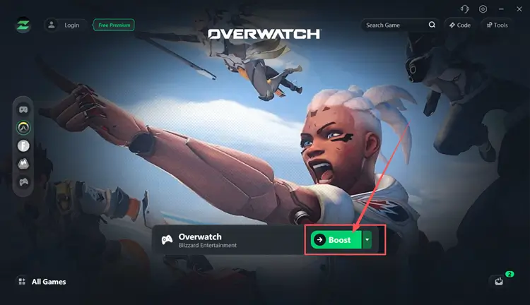 Select an Overwatch server and click Boost in LagZapper