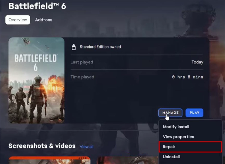 Repair Battlefield 6 game files in the EA app