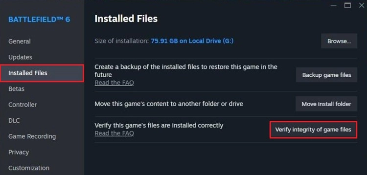 Verify game files to fix Battlefield 6 crashing on Steam