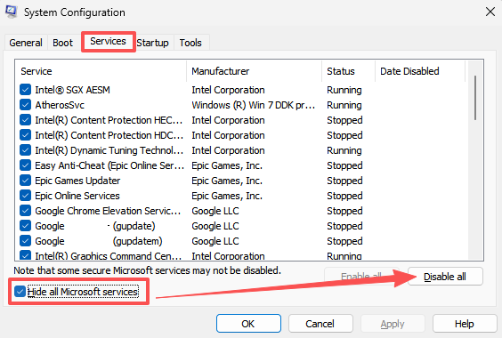 Disable non-Microsoft services for a Windows clean boot