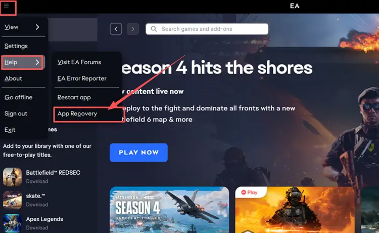 Clear the EA app cache through App Recovery