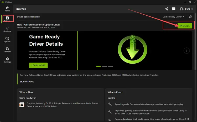 Update Battlefield 6 graphics driver through NVIDIA app