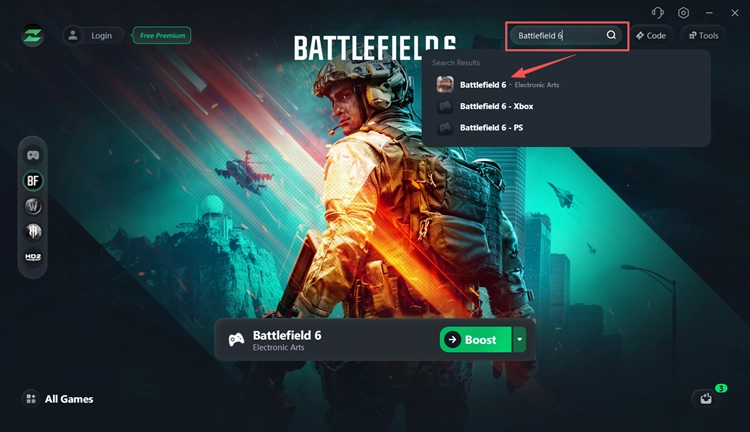 Select Battlefield 6 in LagZapper