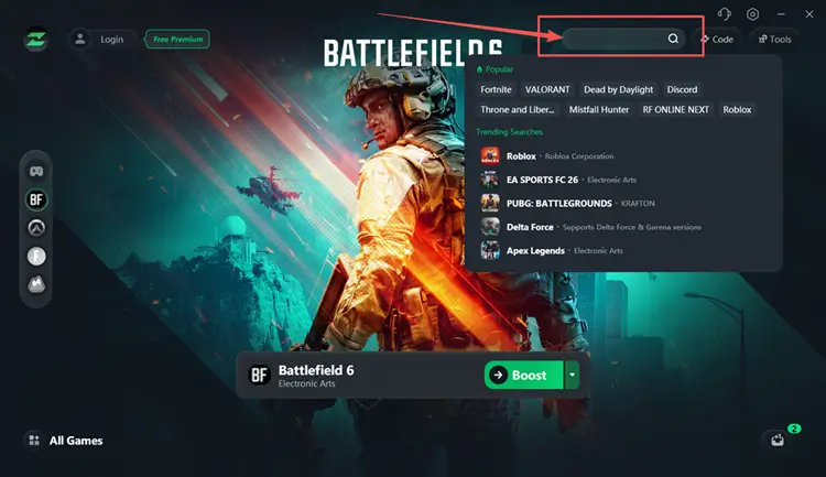 Поиск Battlefield 6 в LagZapper