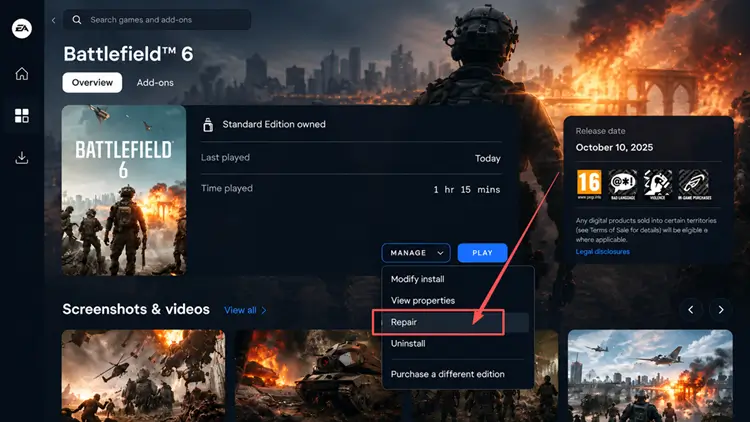 Repair Battlefield 6 in the EA app