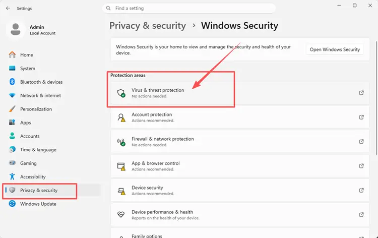 Open Windows Security virus protection settings