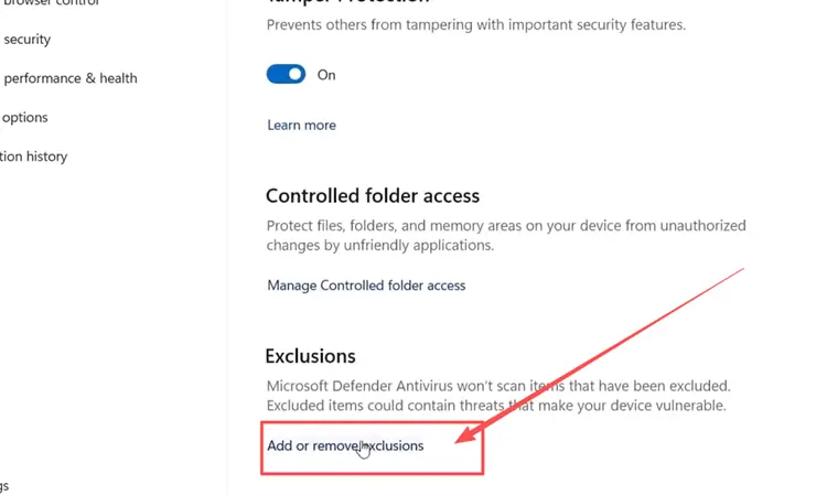 Add an exclusion in Windows Security