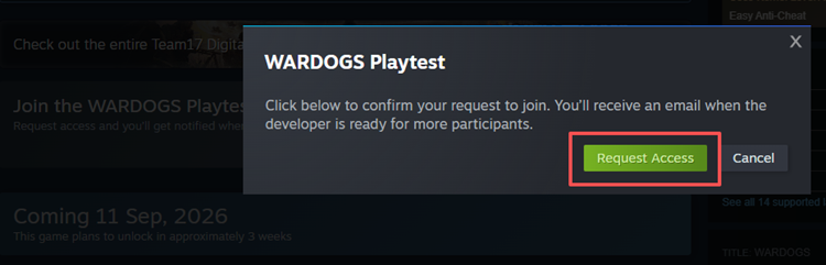 Request free WARDOGS Playtest access on Steam