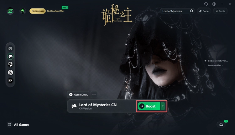 Выберите серверный узел и увеличьте рейтинг Lord of Mysteries в CN в LagZapper.