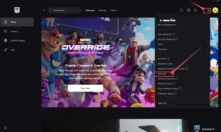 Открытие настроек Epic Games Launcher