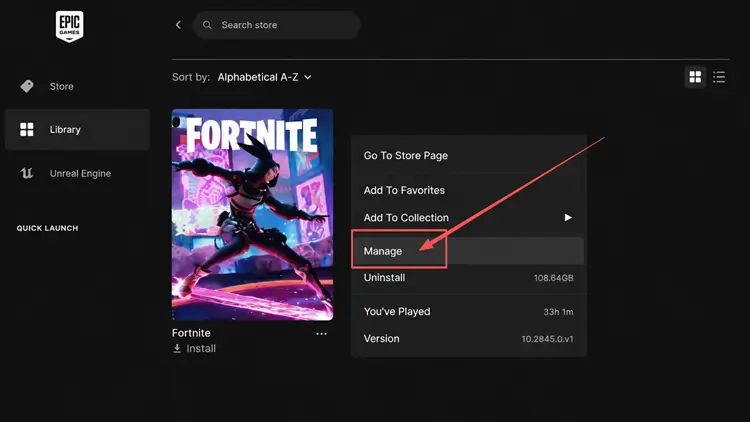 Открытие настроек управления Fortnite