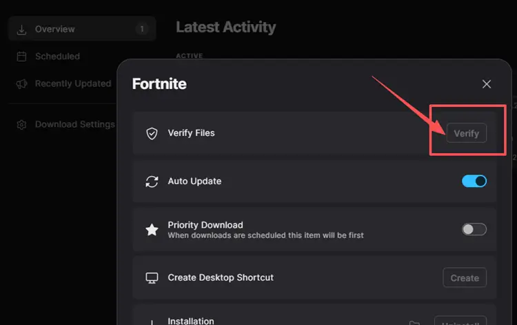 Проверка файлов Fortnite в Epic Games Launcher
