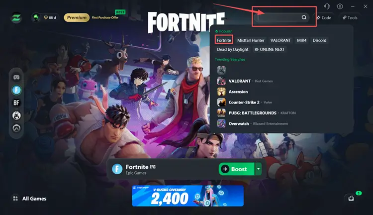 Поиск Fortnite в LagZapper