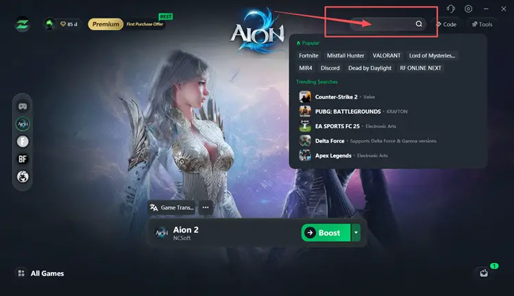 Поиск AION 2 в LagZapper