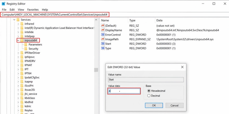 Set inpoutx64 Start value to 4 in Registry Editor