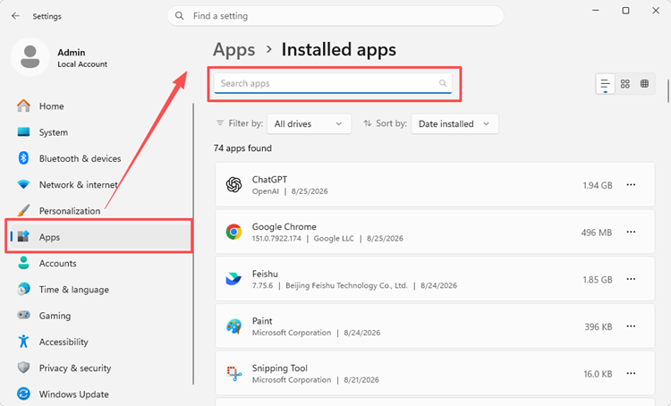Search for RGB control software in Windows 11 Installed apps