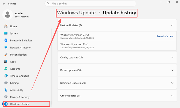 Open Windows Update history in Windows 11 Settings