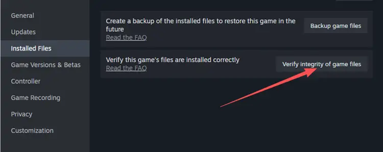 Verify integrity of game files in Steam