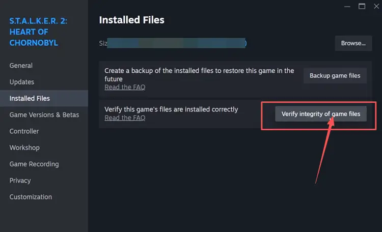 Verify STALKER 2 game files on Steam