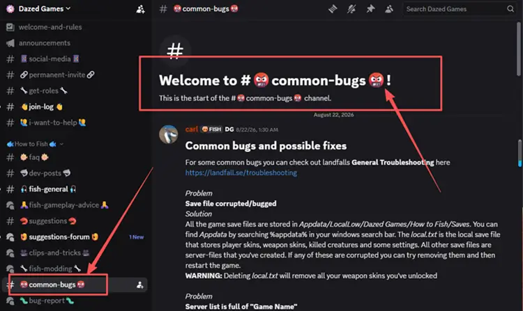 Открытие канала common-bugs в Discord How to Fish