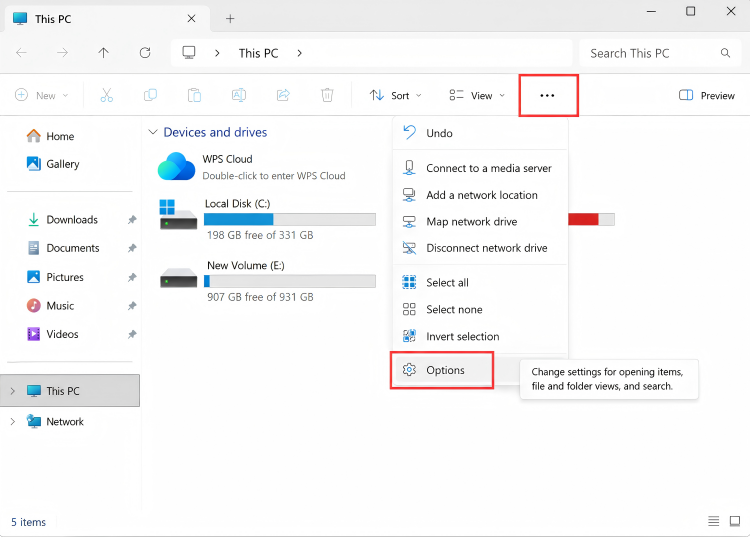 First, open This PC, click More in the upper-right corner, and then select Options.