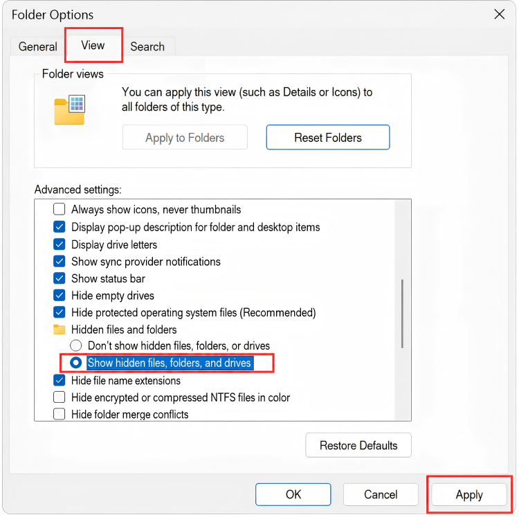 Next, go to the View tab and find Hidden files and folders under Advanced settings.