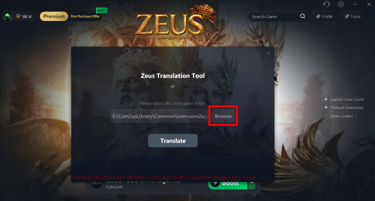 After opening the translation tool, click Browse.