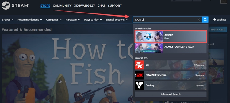 Search for AION 2 in the Steam Store