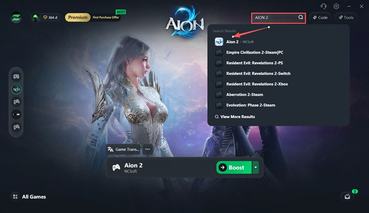 Search for AION 2 in the LagZapper supported games list