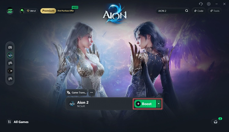 Select an AION 2 server region and click Boost in LagZapper