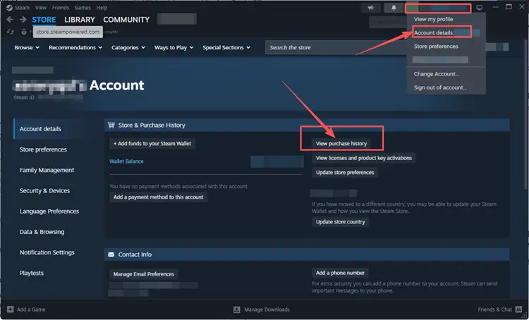 View purchase history through Steam client