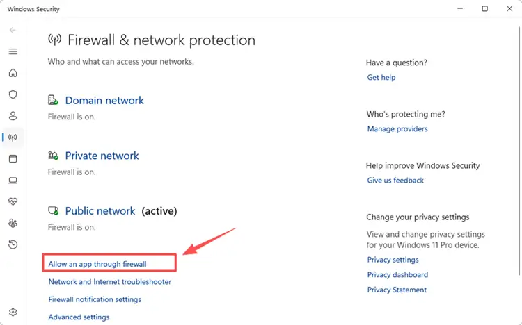 Open Firewall and network protection in Windows Security