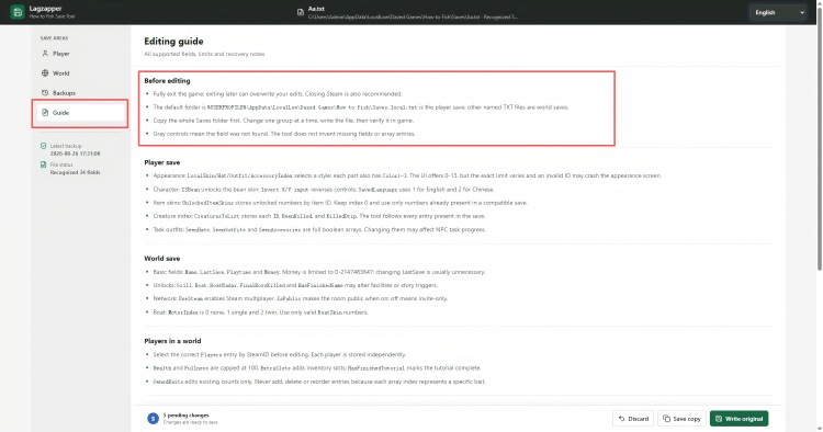 This guide only provides a brief introduction to the main features of Save Editor. If you have any other questions, click the Tutorial tab inside the tool for more detailed instructions.