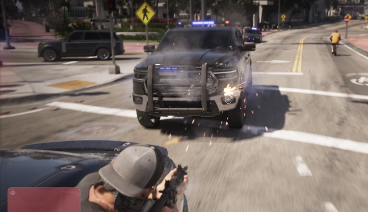 GTA 6 police chase gameplay with Jason shooting at pursuing police vehicles