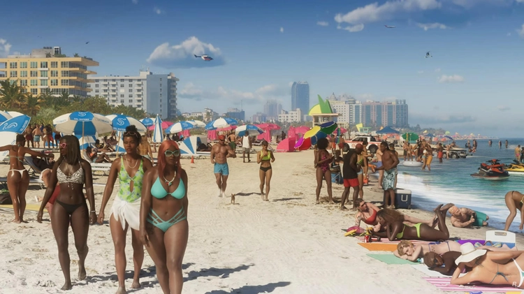 GTA 6 Vice City open world gameplay showing crowded beaches and dense NPC activity