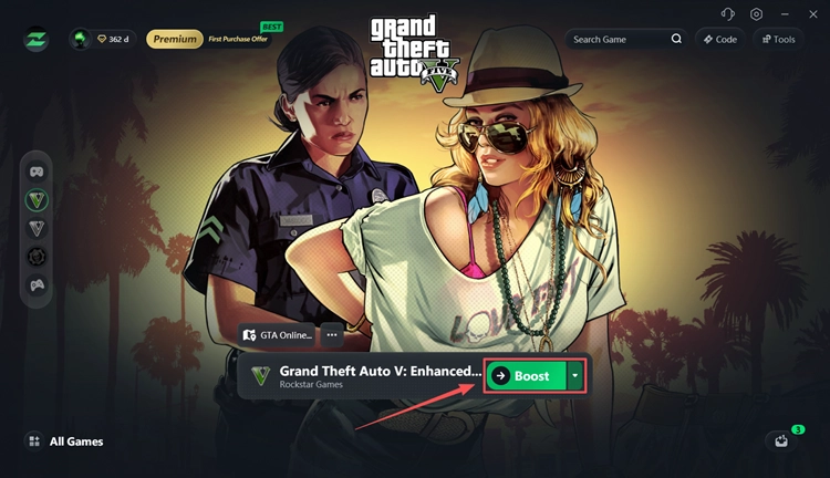 Select a GTA 5 server node and boost with LagZapper
