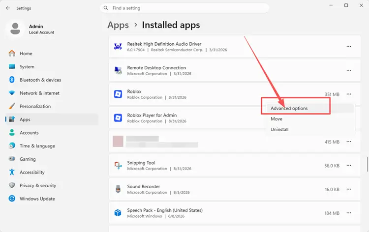 Open Advanced options for the new Roblox app in Windows