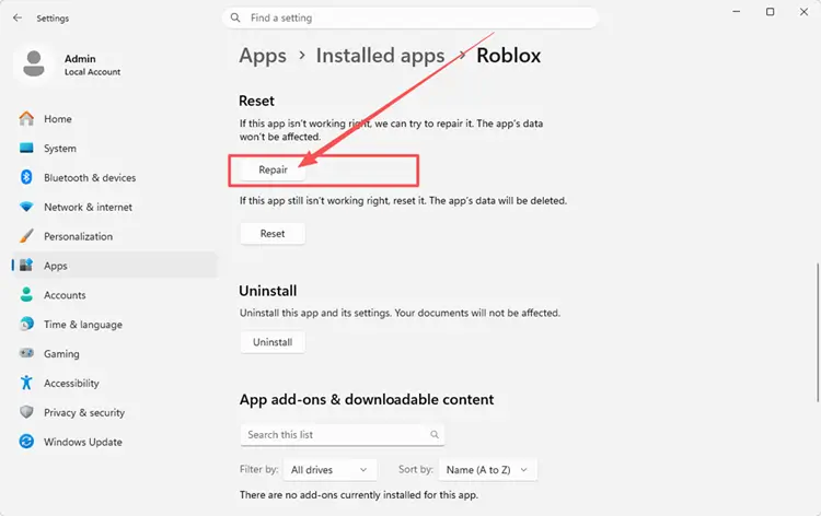 Repair the Roblox Windows app