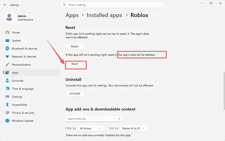 Reset the Roblox Windows app