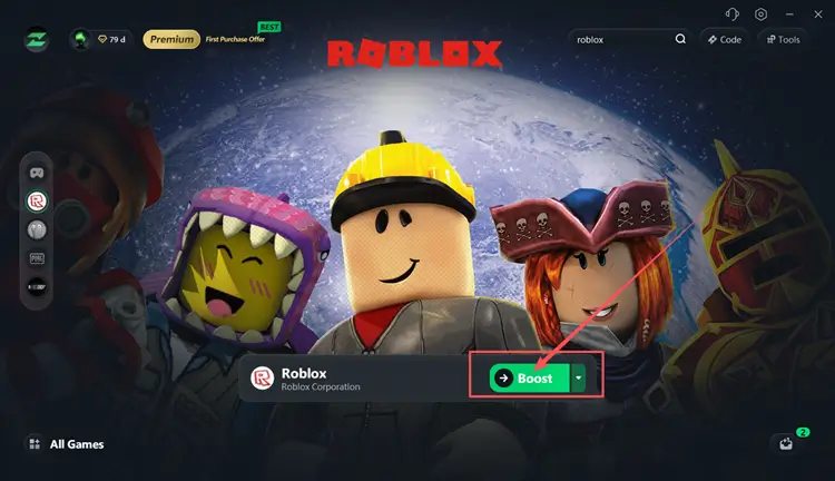 Select a Roblox node and click Boost in LagZapper