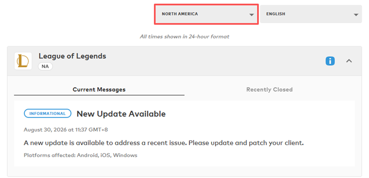 Riot Games Service Status showing a new League of Legends update affecting TFT
