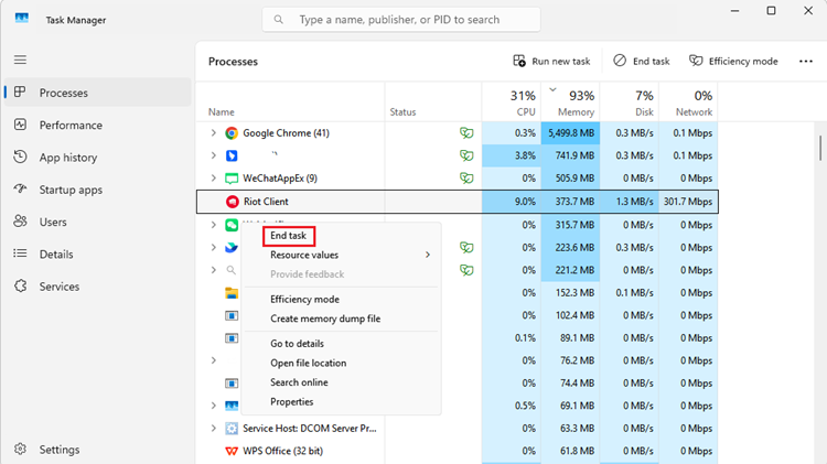 Task Manager showing Riot and League processes before restarting TFT