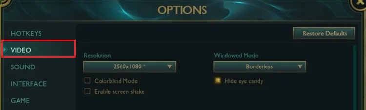 TFT Video settings showing resolution and graphics options