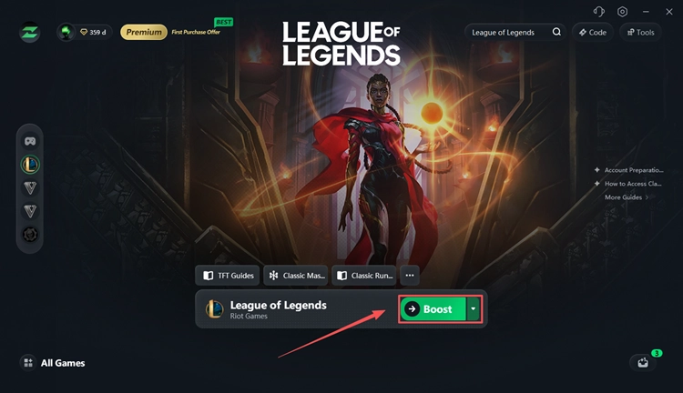 LagZapper Boost screen for Teamfight Tactics