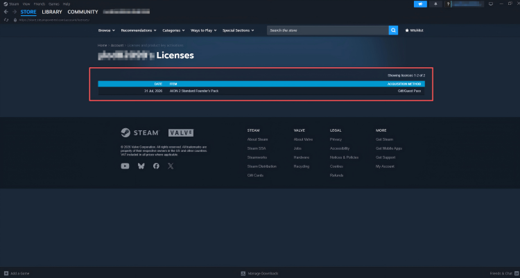 Check whether AION 2 Standard Founder's Pack appears in the license list.